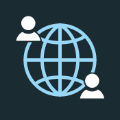 A stylized Icon of a globe flanked by two human figures, symbolizing global connectivity and communication.