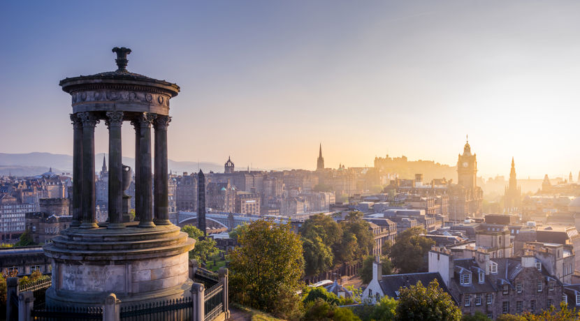Edinburgh skyline from Calton Hill at sunset.