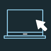 A stylized icon of a laptop with a cursor pointing at the screen, set against a dark background.