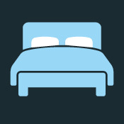 Icon of a simple, stylized blue bed with two white pillows on a dark background.