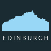 Silhouette of Edinburgh's skyline in light blue above the word "EDINBURGH" in bold, white letters on a dark background.