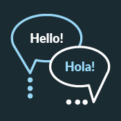 Two speech bubbles saying "Hello!" in English and "Hola!" in Spanish, set against a dark background.