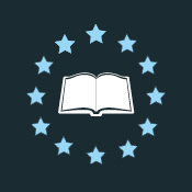 Open book surrounded by light blue stars on a dark background, symbolizing knowledge and unity.