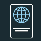 Simplified icon of a passport featuring a globe design, set against a dark background.