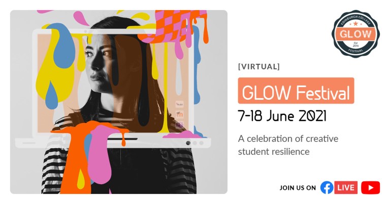 Creative industries student looking to the side, an illustration of a laptop and paint splashes frames their face. Text reads 'Virtual Glow Festival, 7 - 18 June 2021, A celebration of creative student resilience.'