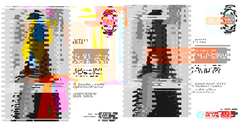 Creative industries student looking to the side, an illustration of a laptop and paint splashes frames their face. Text reads 'Virtual Glow Festival, 7 - 18 June 2021, A celebration of creative student resilience.'