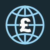 Icon of a globe with a pound sterling symbol at its center, representing global finance or currency exchange.