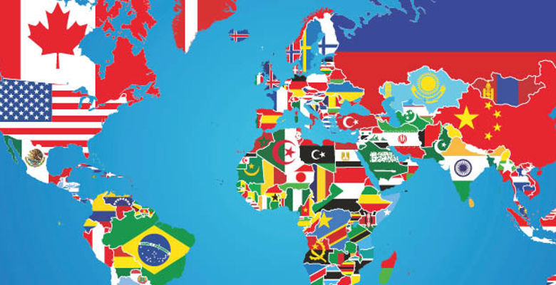 A world map filled with flags representing various countries, showcasing global diversity and unity through national symbols.