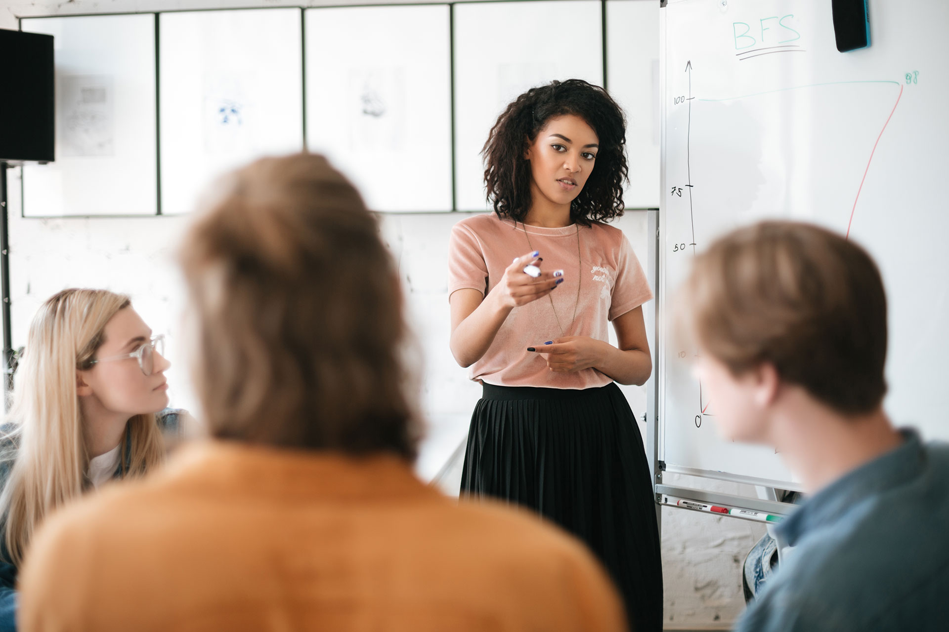 Teacher standing in front of a class, asking questions and getting ready to write on the white board.