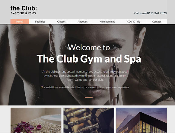 The Club website homepage with text reading 'Welcome to The Club Gym and Spa'